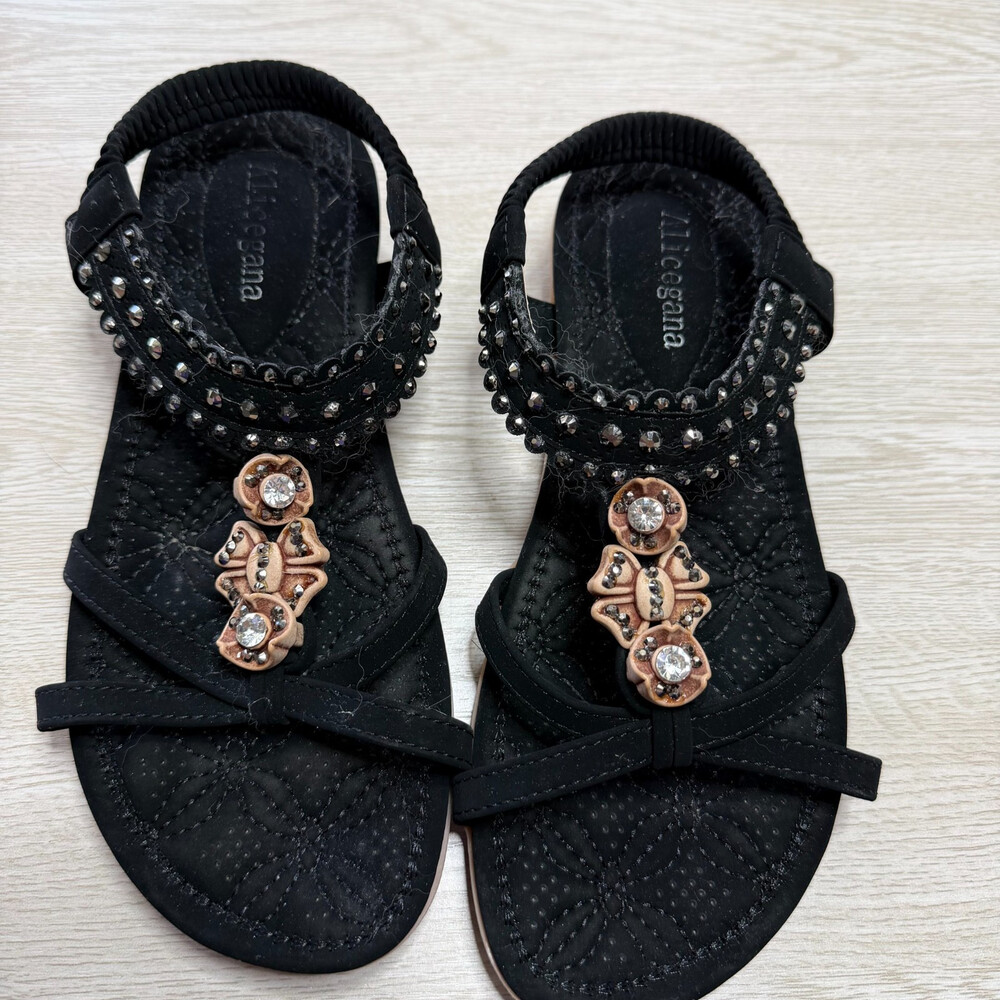 Alicegana Padded Comfort Sandals Women's 6.5M Faux Suede Black and Tan Beaded